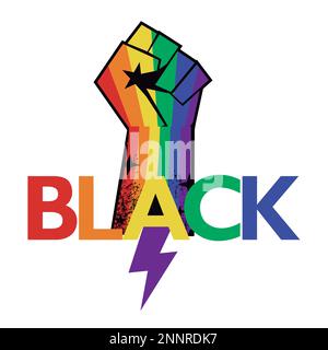 Schwarz. Design für schwarzes History Month T-Shirt. Vektordarstellung der Faust mit den Farben des Regenbogens. Stock Vektor
