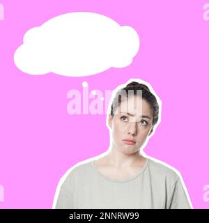 Besorgte, nachdenkliche junge Frau mit besorgtem Gesichtsausdruck, die über Ideen oder Probleme nachdenkt - Comic-Stil auf pinkfarbenem Hintergrund ausgeschnitten - leerer Gedanke Stockfoto