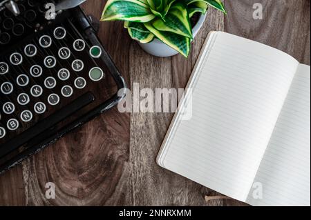 Blick von oben auf Vintage-Schreibmaschine, Topfpflanze und offenes Tagebuch auf rustikalem Holzschreibtisch Stockfoto