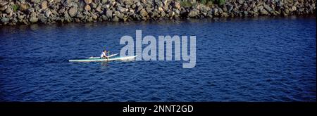 Man kayaking, Ballona Creek, Marina Del Rey, Los Angeles, California, USA Stock Photo