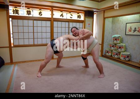 Sumo Wrestler während des Trainings, Asakusa, Tokio, Japan Stockfoto