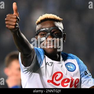 Empoli, Italien. 25. Februar 2023. Victor Osimhen aus Neapel reagiert während eines Fußballspiels der A-Serie zwischen Neapel und Empoli am 25. Februar 2023 in Empoli (Italien). Kredit: Alberto Lingria/Xinhua/Alamy Live News Stockfoto