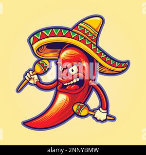 Wütende mexikanische Cinco de Mayo Chili Pfeffer Spiel Maracas Logo Illustrationen Vektor für Ihre Arbeit, Merchandise-T-Shirt, Aufkleber und Etikettendesigns Poster Stock Vektor