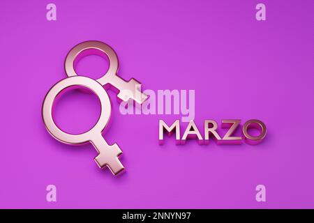 März 8. auf spanisch mit weiblichen Symbolen auf lila Hintergrund. Frauentagskonzept. 3D Abbildung. Stockfoto
