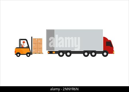 vektordesign, mit dem Güter mit dem Gabelstapler isoliert auf weißem Hintergrund in den Lkw transportiert werden Stock Vektor