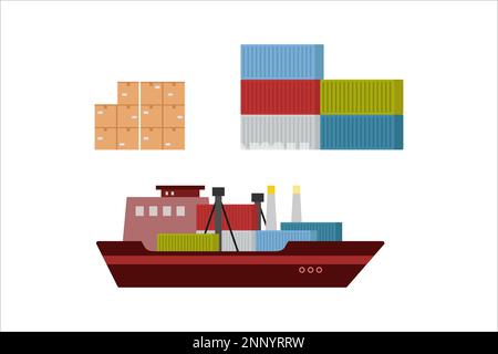 Lieferung von Waren per Schiff mit Container und Box flaches Design auf weißem Hintergrund Stock Vektor