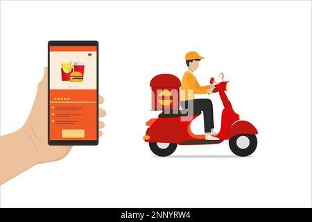 Vektordesign für Fast Food-Lieferservice über Smartphone-App mit Roller-Design auf weißem Hintergrund Stock Vektor