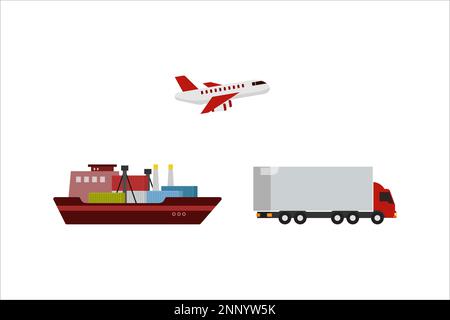 vektordesign Sammlung des Transports für die Lieferung von Gütern auf dem Landweg, See und Luft, Konzept der schnellen Lieferung Stock Vektor