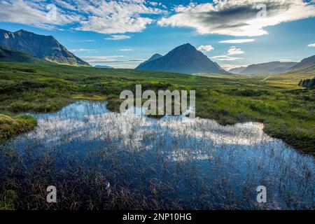 Meadow and River Etive and Creag Dubh Mountain, Schottland, Vereinigtes Königreich Stockfoto