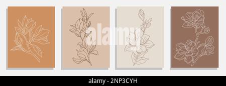 Ein-Linien-Zeichnungsvektor Magnolia Flowers Print Set Stock Vektor