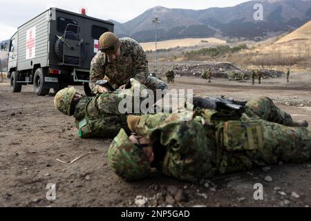 Hijudai, Japan. 18. Februar 2023. EIN US-AMERIKANISCHER Navy Sanitäter mit der 31. Marine Expeditionary Unit, führt eine Triage eines simulierten Verletzten durch während einer Massenübung von Verletzten in Hijudai, Japan am Februar. 18, 2023. Das Training simulierte ein Massenunfallereignis, das dem beidseitigen medizinischen Team die Möglichkeit gab, während der Iron Fist 23 unter genau simulierten Druck und Bedingungen aktiv medizinische Versorgung vor Ort zu praktizieren. Iron Fist ist eine jährliche bilaterale Übung, die darauf abzielt, die Interoperabilität zu erhöhen und die Beziehungen zwischen den USA zu stärken Marine Corps, die USA Navy, der japanische Boden Stockfoto