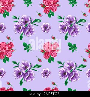 Handgezeichnete Rosen und Anemons nahtloses Muster. Aquarell Purpurblüten und Rosa Blütenzusammensetzung mit grünen Blättern auf violettem Hintergrund. Sammelalbum-des Stockfoto