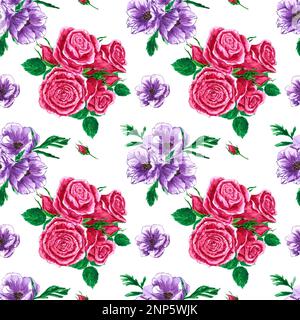 Handgezeichnete Rosen und Anemons nahtloses Muster. Aquarell Purpurblüten und Rosa Blütenzusammensetzung mit grünen Blättern auf weißem Hintergrund. Sammelalbum desi Stockfoto