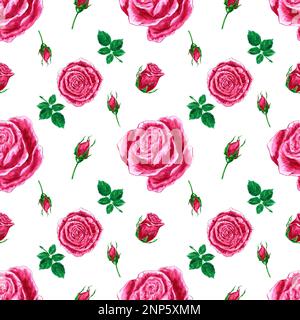 Handgezeichnete Rosen, nahtloses Muster. Aquarell Rosa Blumenzusammensetzung mit grünen Blättern auf weißem Hintergrund. Scrapbook-Design, Typografie-Poster, Stockfoto
