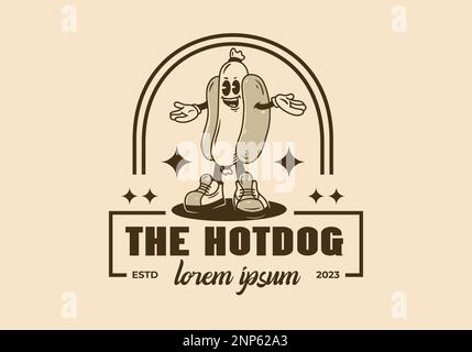 Lustige Maskottchen-Figur mit Hotdog-Abzeichen im Stehen Stock Vektor