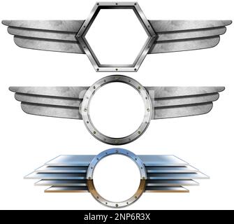 Kollektion aus drei geflügelten Logos aus Metall, isoliert auf weißem Hintergrund, mit Kopierraum, Kreis- und sechseckiger Form, 3D-Darstellung. Stockfoto