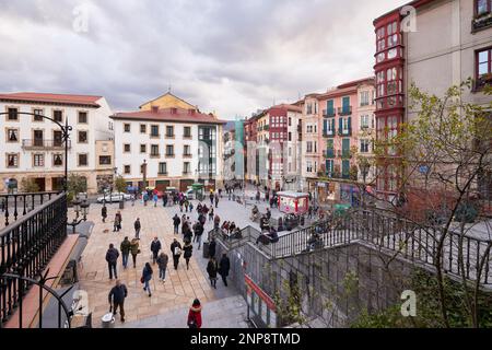 21/03/2018, Blick auf den berühmten Platz namens "Plaza Miguel de Unamuno", Altstadt, Bilbao, Biskaya, Bizkaia, Baskenland, Euskadi, Euskal Herria, Spa Stockfoto