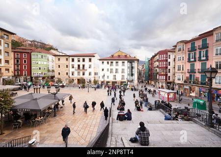 21/03/2018, Blick auf den berühmten Platz namens "Plaza Miguel de Unamuno", Altstadt, Bilbao, Biskaya, Bizkaia, Baskenland, Euskadi, Euskal Herria, Spa Stockfoto