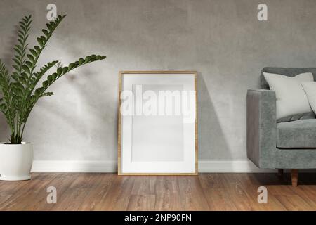 Ein Rahmen in der Mitte eines Raumes. Modellrahmen in leerem weißen Raum mit durchsichtigen Wänden und Holzfußboden. Moderner minimalistischer Style. 3D-Rendering. Stockfoto