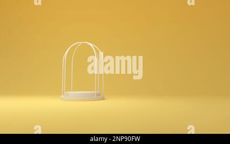 Podium für Produkte mit Käfig auf pastellgelbem Hintergrund. 3D-Rendering Stockfoto