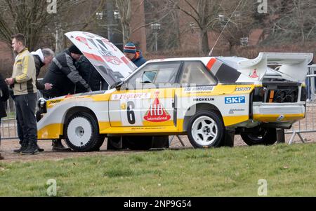 Audi Quattro Group B Rally Car auf Race Retro 2023 Exhibition und Rally Stages im Stoneleigh Park Warwickshire UK Stockfoto