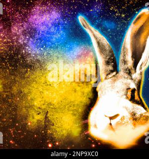 Nahaufnahme des Osterhasen mit farbenfroher Nebel-Galaxie, abstraktem kosmischem Hintergrund – Digitale Illustration Stockfoto