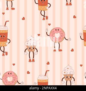 Nahtloses Retro-Muster. Fröhliche Zeichentrickfiguren Kuchen Cupcake, Donut und Kaffee zum Mitnehmen auf gestreiftem, hellem Hintergrund. Vektordarstellung für Stock Vektor