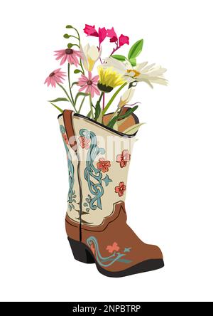 Cowboystiefel mit Wildblumen-Vektor isoliert. Stock Vektor