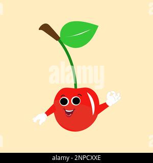 Cherry-Cartoon-Vektordarstellung. Süße Cherry-Figur, Symbolvektordarstellung. Der Charakter ist fröhlich mit Armen und Beinen. Emoticon mit Früchten Stock Vektor