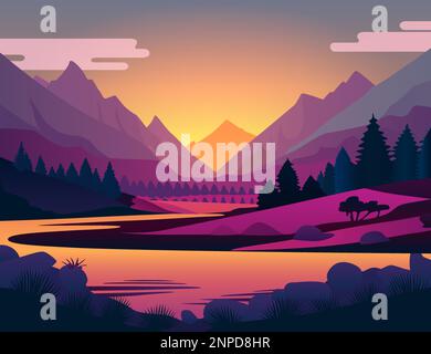 Landschaft mit Silhouetten von Bergen und Bergfluss. Natur Hintergrund. Vektorgrafik. Stock Vektor