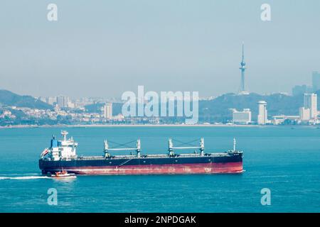 QINGDAO, CHINA - 26. FEBRUAR 2023 - Kreuzfahrtschiffe und Frachter fahren das Meer in Qingdao, Provinz Shandong, China, 26. Februar 2023. Stockfoto