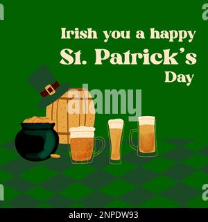 Ire, du bist ein glücklicher St. Patrick's Day Text mit Bier und einem Topf Goldmünzen auf grünem Hintergrund Stock Vektor