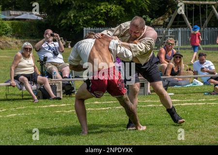 Teilnehmer der ersten Runde der Mens Open im Grand Cornish Wrestling Tournament auf dem malerischen Grün des Dorfes St. Mawgan in Pydar in Cornwall, England, Großbritannien. Stockfoto