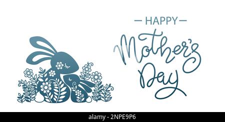 Vektordarstellung einer lustigen Kaninchenfamilie unter Blumen und Happy Mütters Day-Schriftzug Stock Vektor