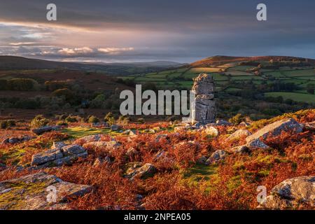 Das Abendlicht erwärmt die Steine an Bowermans Nase in Dartmoor. Stockfoto