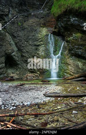 Schwieriger Pfad mit Leiter in der Nähe des Wasserfalls im Canyon des Nationalparks Slovak Paradise, Slowakei. Stockfoto