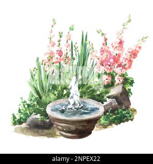 Dekorativer Brunnen im Garten. Kleine architektonische Form. Landschaftsdesign, handgezeichnete Aquarelldarstellung isoliert auf weißem Hintergrund Stockfoto