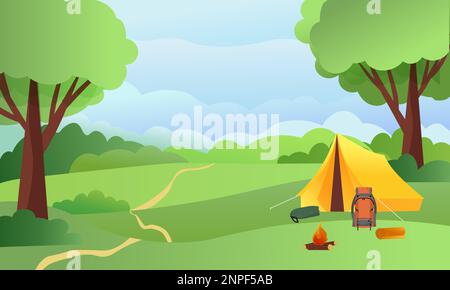 Camping. Waldlichter und Zelt, Feuer, Rucksack. Querformat. Stock Vektor