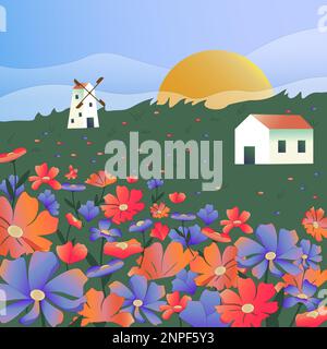 Sommerblumenlandschaft mit Windmühle und Haus. Mehrfarbiges Blumenfeld. Stock Vektor