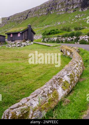 Kirkjubour, Färöer - Juli 2021: Riesiger Walknochen und im Hintergrund ein typisches Färöisches Holzhaus auf den Färöern mit roten Fenstern. Nördlich Stockfoto