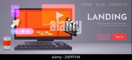 Videoplayer auf dem Computerbildschirm. Multimedia-Konzepte. Niedliche Grafikelemente im Dessin. Vektorgrafik Stock Vektor