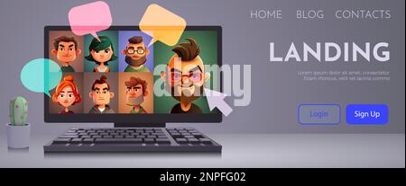 Online-Schulungen, Videokonferenzen und Fernschulungskonzept. Computer mit Videoanruf. Landing Page Stock Vektor