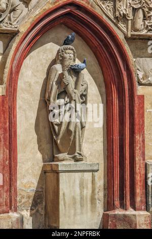 Banska Bystrica, Slowakei - 17. August 2021: Ansicht der Denkmäler, die die Kirche Mariä Himmelfahrt in der Altstadt schmücken. Tauben sitzen auf einer Statue. Stockfoto