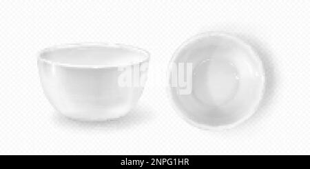 Realistische leere tiefe Saucenteller in Vektor. Isolierte weiße Platte auf transparentem Hintergrund. Porzellan Küchenmodell für Restaurant- oder Cafe-Menü d Stock Vektor