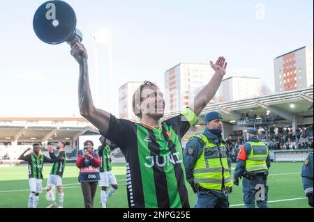 Göteborg, Schweden. 26. Februar 2023 August Wängberg von GAIS feiert nach dem Bühnenspiel der Swedish Cup Group zwischen GAIS und IFK Goteborg am 26. Februar 2023 in Göteborg. Kredit: Oskar Olteus / Alamy Live News Stockfoto