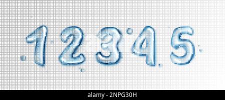 Wasserschrift, blaue Blasen in Zahlenform. Numerische Symbole für Aqua- oder Flüssiggel. Klar blaue Wassertropfen in Form von Zahlen von 1 bis 5, isoliert auf t Stock Vektor