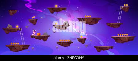 Hintergrundlandschaft von Flying Rock Islands Vector Game Space. Cartoon-Planet in der Galaxie für Videospiele. 2D ui-Ebenenzuordnung mit schwimmender Plattform mit Stock Vektor