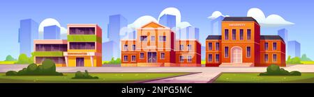Gebäude der Schule, Kindergarten und Universität und Hof mit grünem Gras. Sommerlandschaft mit Bildungseinrichtungen, College, Grundschule und Tageswagen Stock Vektor