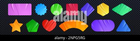 Leere Papieraufkleber, Preisschilder, Abzeichen in verschiedenen Formen. Zerknitterte Klebeetiketten, farbige geklebte Flecken mit Falten, die auf transparenter Rückseite isoliert sind Stock Vektor