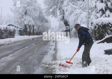 Der Mensch schaufelt Schnee vor seinem Grundstück nach einem Wintersturm, der Kroatien am 26. Februar 2023 in Ogulin, Kroatien, heimsuchte. Foto: Kristina Stedul Fabac/PIXSELL Stockfoto